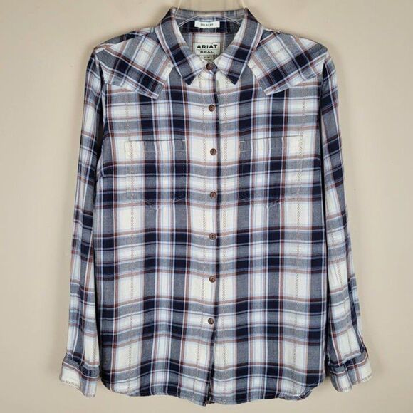 Ariat Size M Real Billie Jean Plaid Long Sleeve Button Up Shirt Blue White - Picture 2 of 12